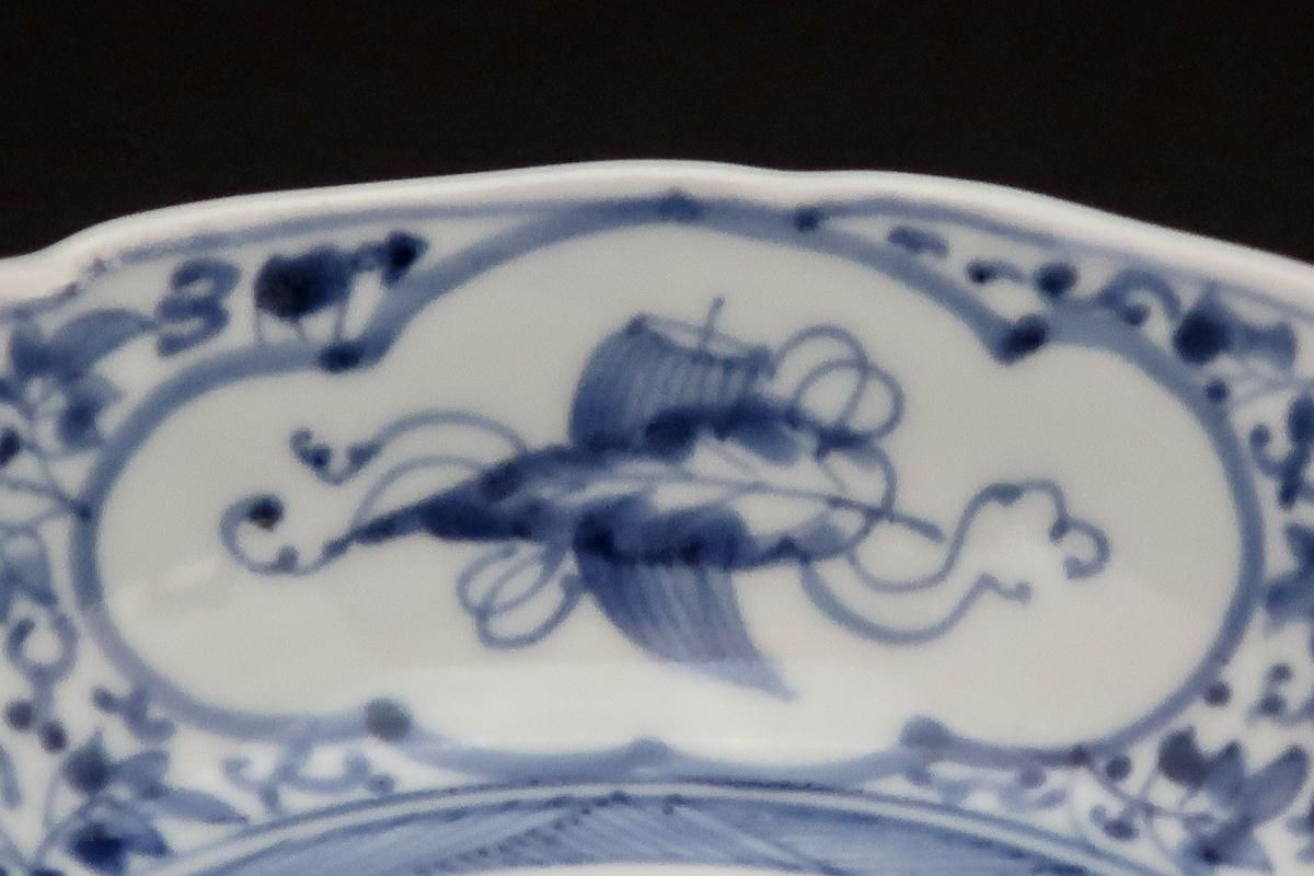 古伊万里　染付 窓絵　松竹梅に萩唐草の図　５寸半皿　291AS-CWt 伊万里染付萩唐草窓絵文なます皿 五客組 / Imari Blue & White