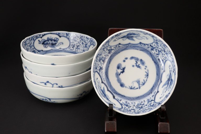 伊万里染付萩唐草窓絵文なます皿　五客組 / Imari Blue & White 'Namasu' Bowls set of 5