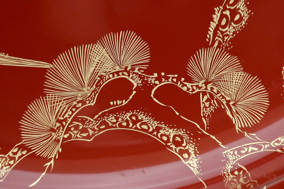 朱塗鶴亀松竹梅沈金蒔絵大皿 / Red-lacquered Large Plate with Gold 