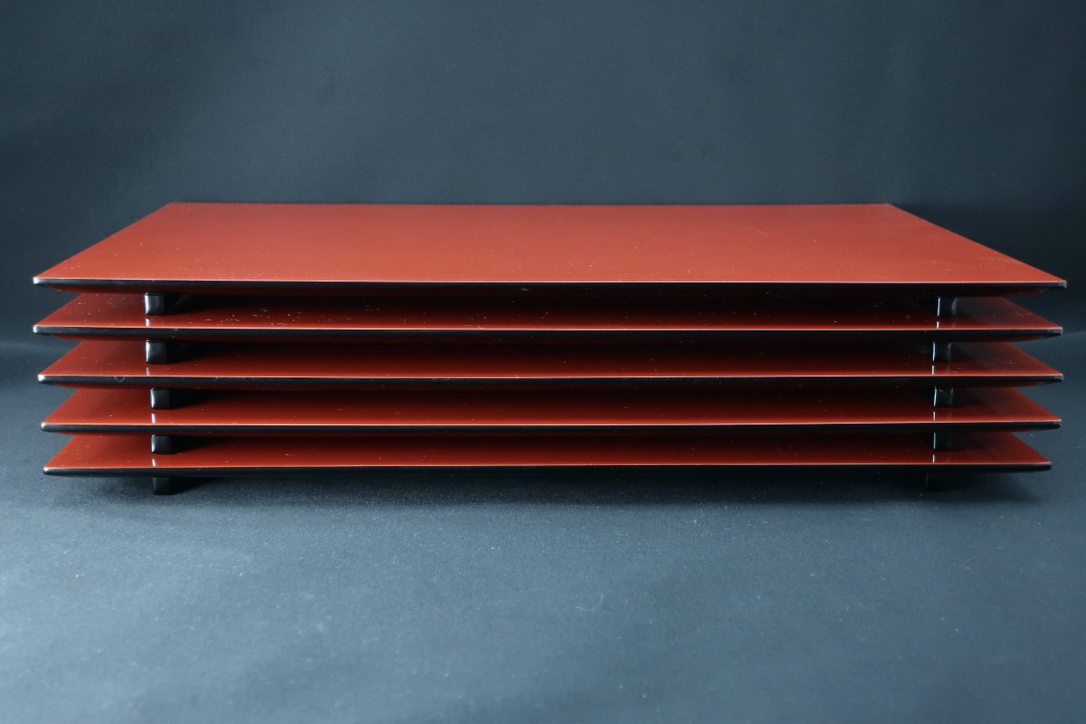 輪島塗点心盆 五枚組 / Red-lacquered Rectangular Trays set of 5 