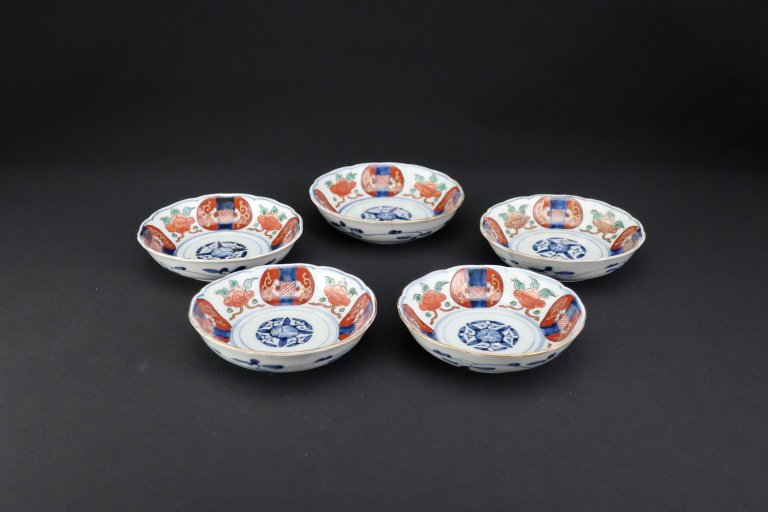 伊万里色絵赤丸牡丹文小皿　五枚組 / Imari Small Polychrome Plates with the picture of Peonies  set of 5