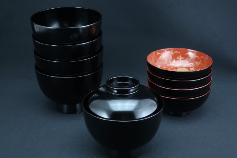 ɳʪС޵ / Black& Red-lacquered Soup Bowls with Lids  set of 5