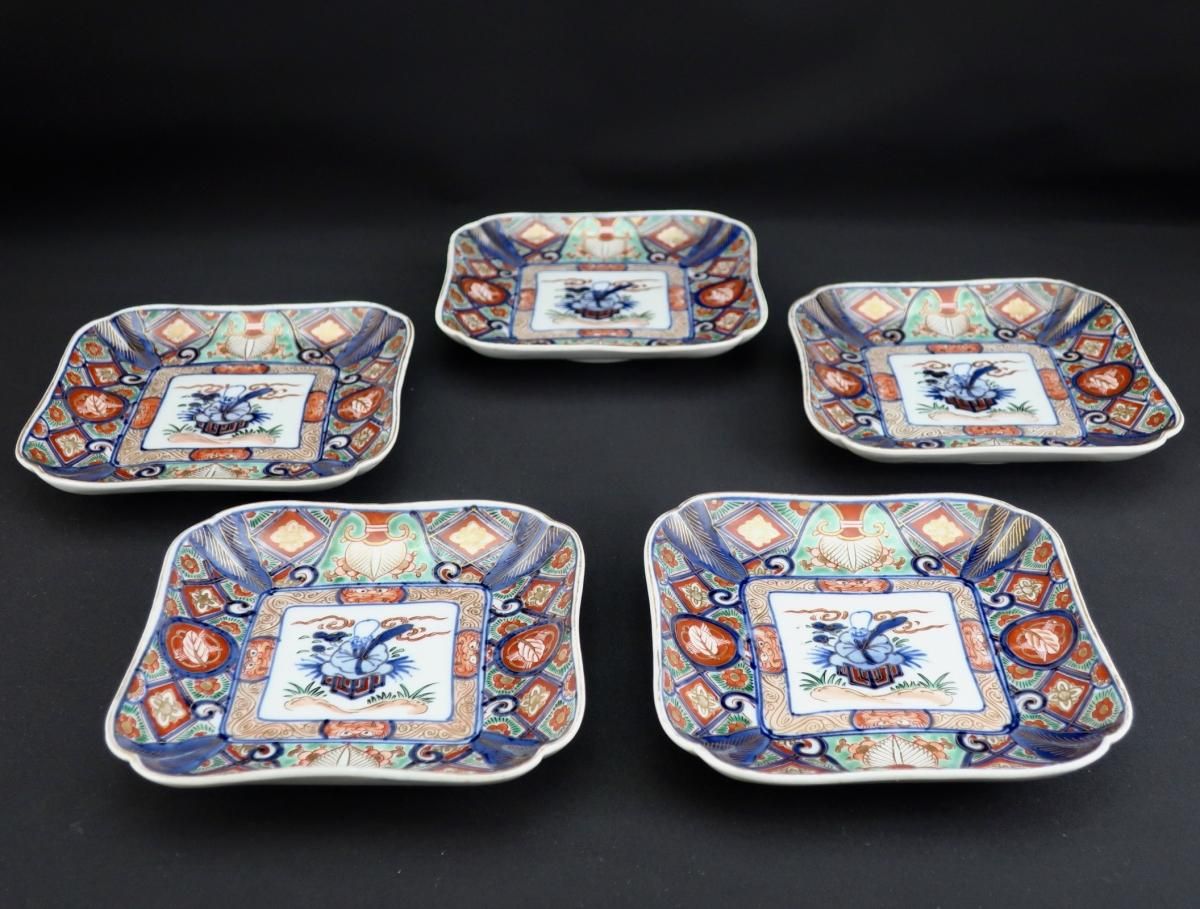 古伊万里 色絵 宝尽くし 熨斗型変形皿 2枚 E348AS-fbji 古伊万里 色絵