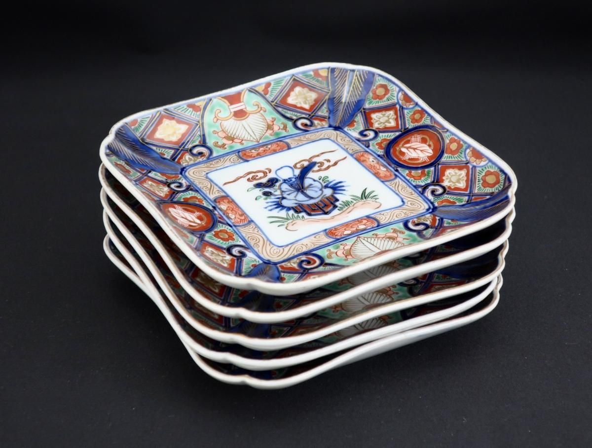 伊万里色絵福禄寿の図変形角皿 五枚組 / Imari Square