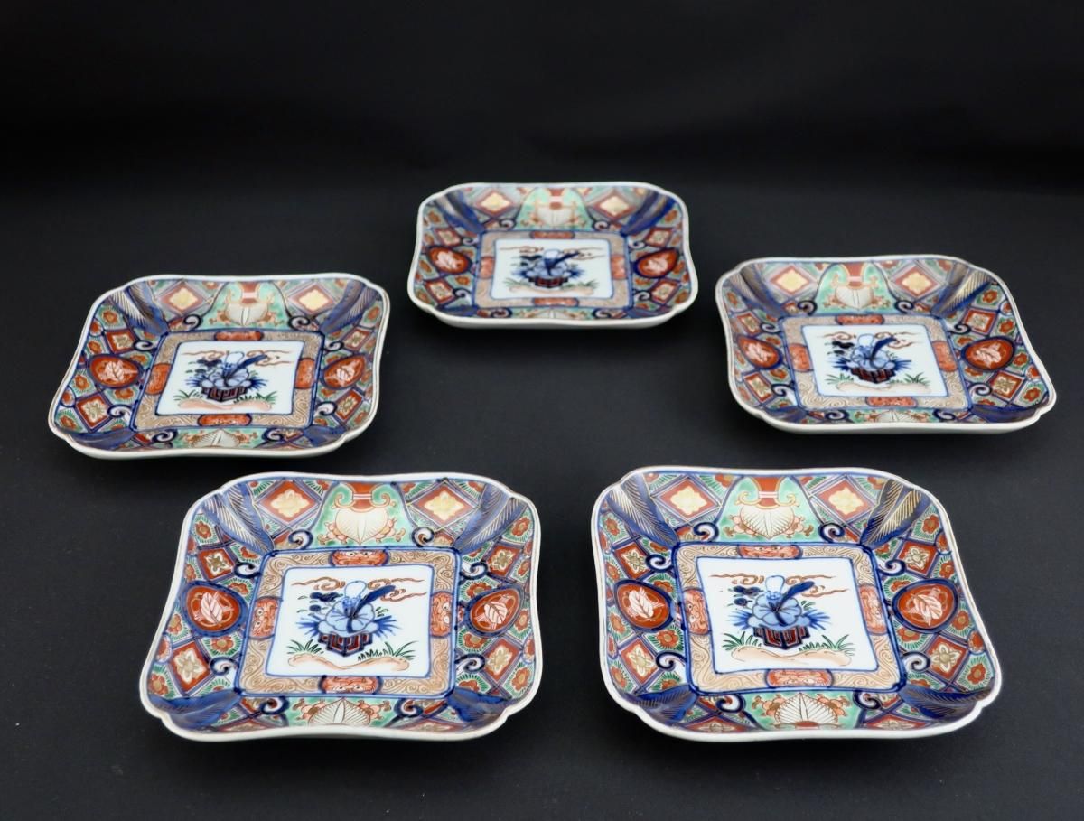 伊万里色絵福禄寿の図変形角皿 五枚組 / Imari Square Polychrome
