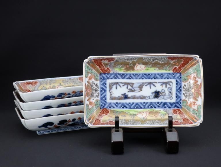 ΤϺʸĹ / Imari Rectangular Polychrome Plates with the picture of Sakura & Horses  set of 5