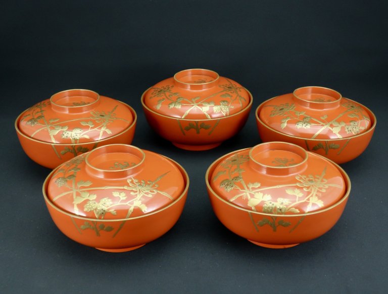 ɵƼʪС޵ / Red-lacquered Soup Bowls with Lids  set of 5