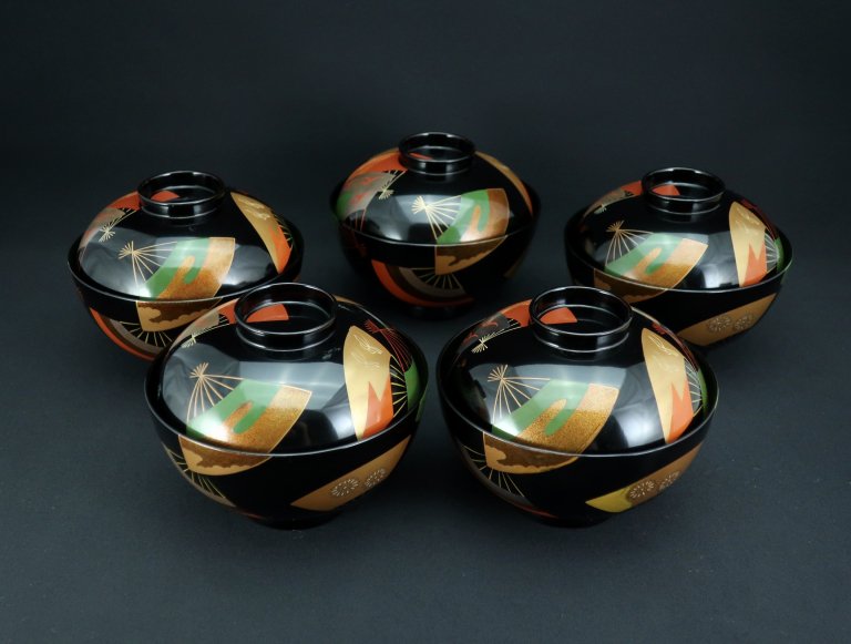 ̼ʪС޵ / Black-lacquered Soup Bowls with  Lids  set of 5