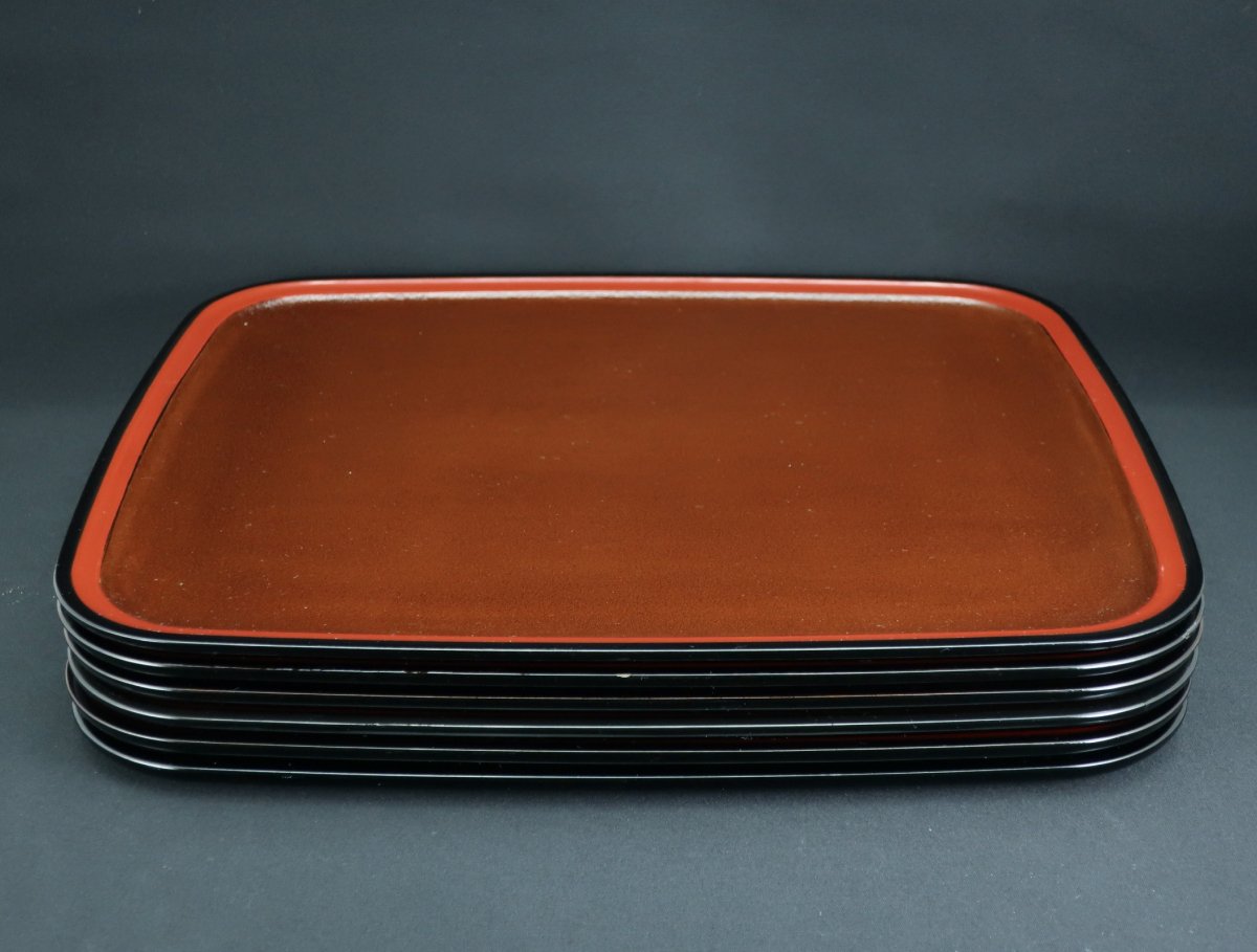 布着朱黒縁折敷 六枚組 / Lacquered Trays set of 6 - OKURA ORIENTAL