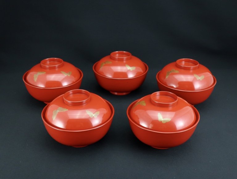 ɿֶ⼬ʪС޵ / Red-lacquered Soup Bowls with Lids  set of 5