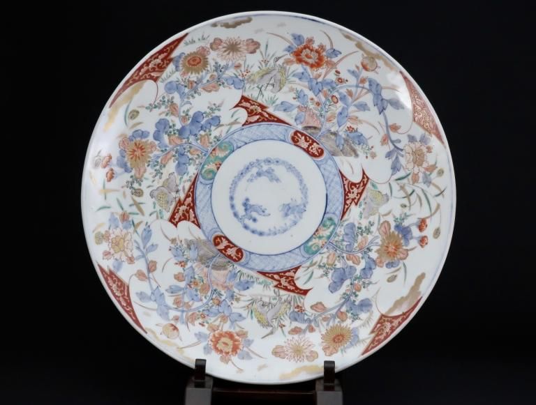 文溪作 淡路燒色絵花鳥紋鉢 飾皿 大皿 江戸時代 イソプロピル 古 文溪作 淡路燒色絵花鳥紋鉢 飾皿 大皿 江戸時代 イソプロピル 古
