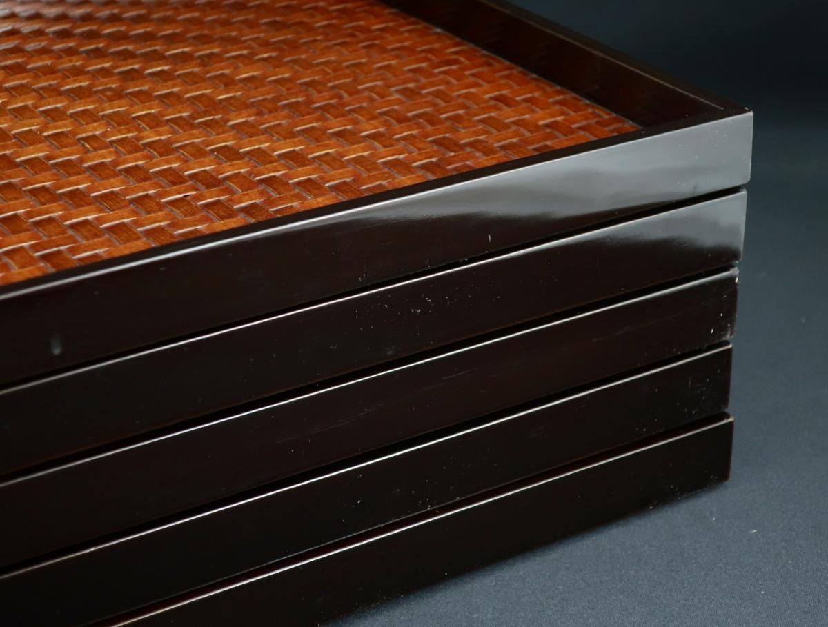 黒塗角会席膳×5枚セット 黒塗網代会席膳 五枚組 / Black-lacquered Serving Trays with