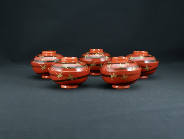 ἬʪС޵ / Small Red-lacquered  Soup Bowls with Lids  set of 5