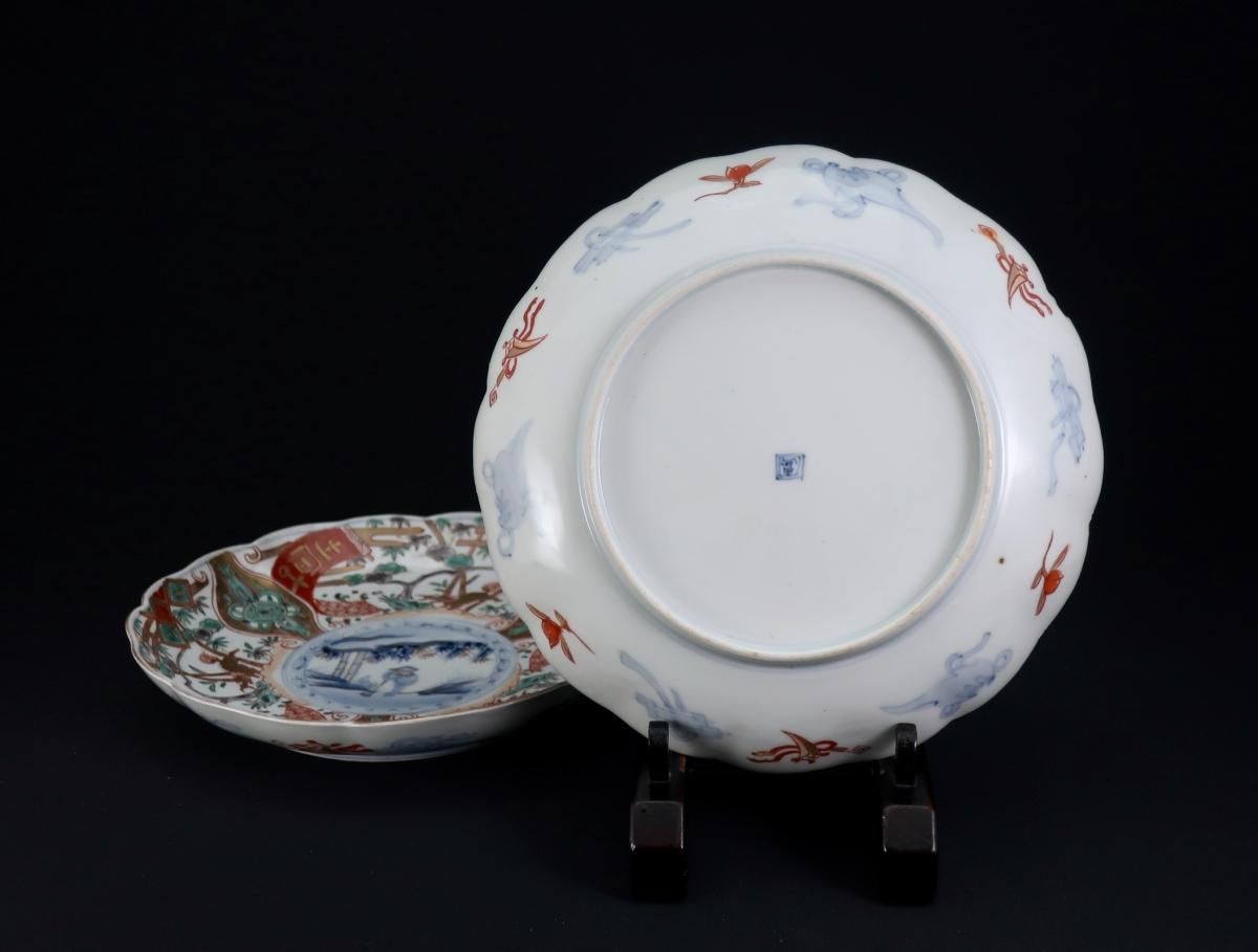 伊万里色絵雪中筍堀の図七寸皿 二枚組 / Imari Polychrome