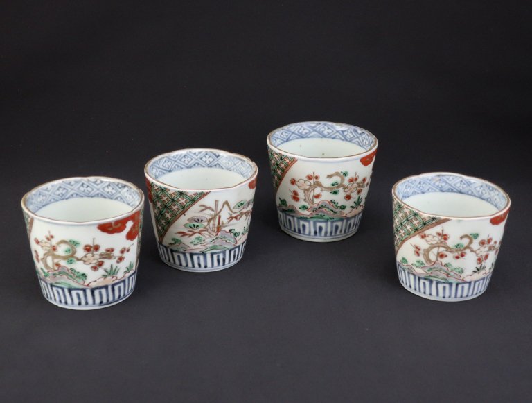 伊万里色絵七宝松竹梅文蕎麦猪口　五客組 / Imari Polychrome 'Soba' cups  set of 5