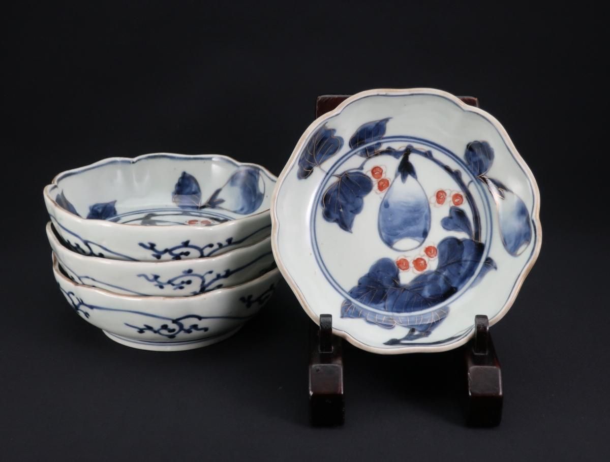 錦桐鳳凰五寸皿 鳳凰皿 輪花型 変形皿 色絵付 古伊万里 明治 共箱 21枚