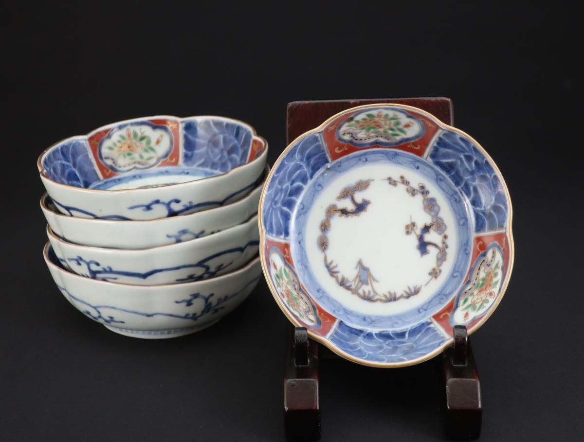 伊万里色絵牡丹唐草窓絵文梅花形なます皿 五枚組 / Imari