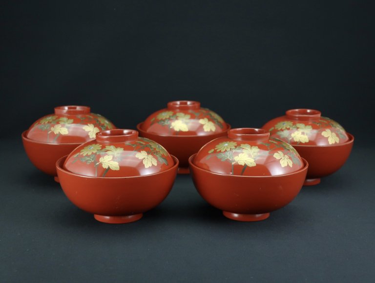 ɵƼʪС޵ / Red-lacquered Soup Bowls with Lids. set of 5