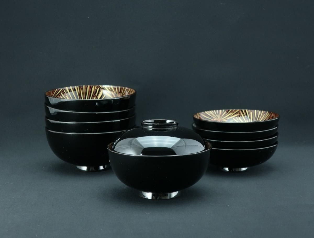 乱菊模様の吸物碗（漆器：五碗） 吸物椀 黒 鈴春秋 5客組 お椀 5個セット – 山家漆器店