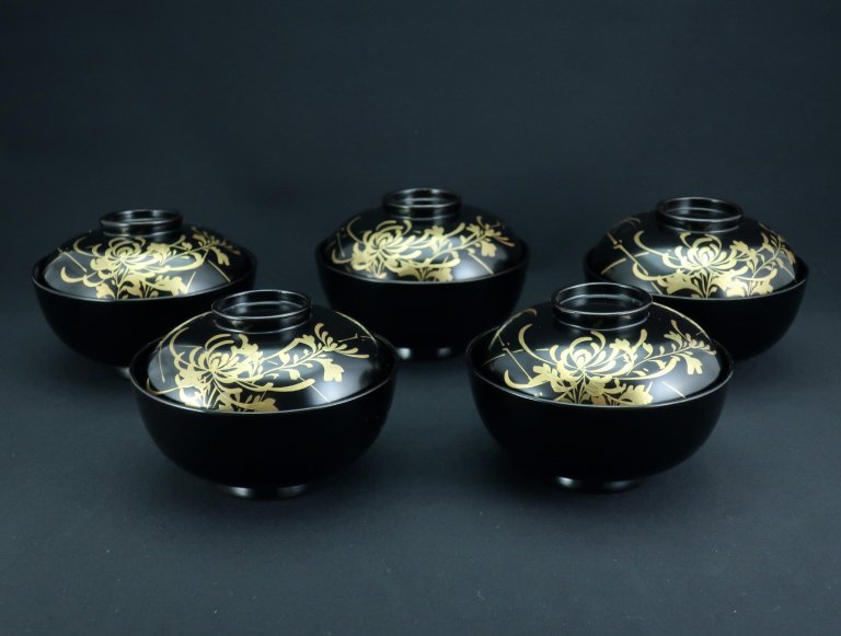 ɵƲֶ⼬ʪС޵ / Black-lacquered Soup Bowls with Lids  set of 5