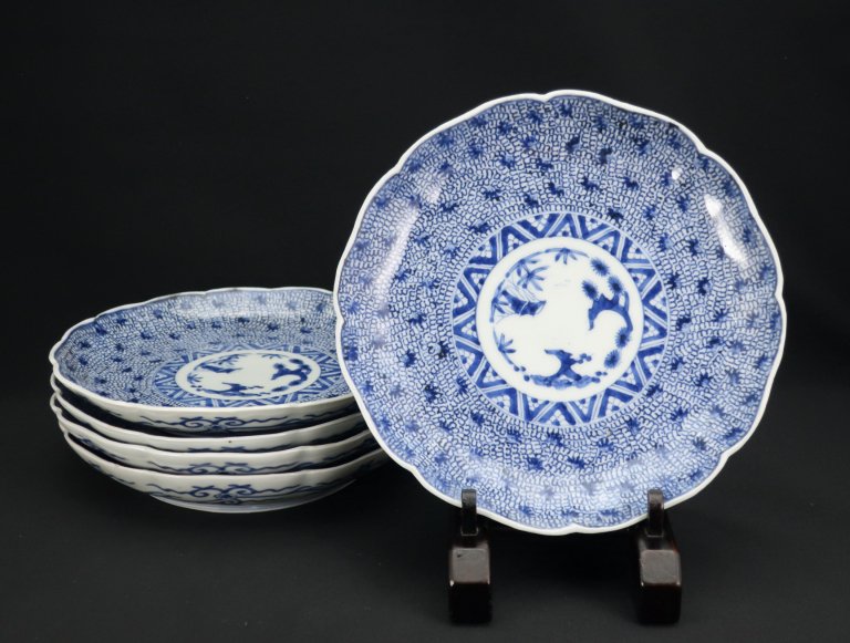 Τʸ / Imari Blue & White Plates with the pattern of 'Mijinnkarakusa'  set of 5
