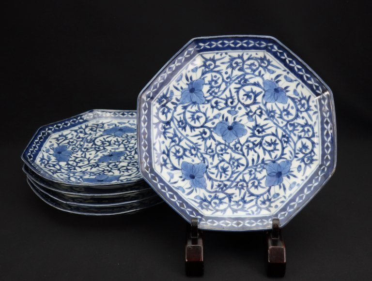 ΤնʸȬѼ   / Imari Octagonal Blue & White Plates  set of 5