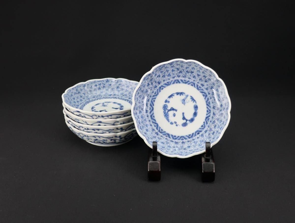 伊万里染付萩唐草文小なます皿 五枚組 / Imari Small Blue & White