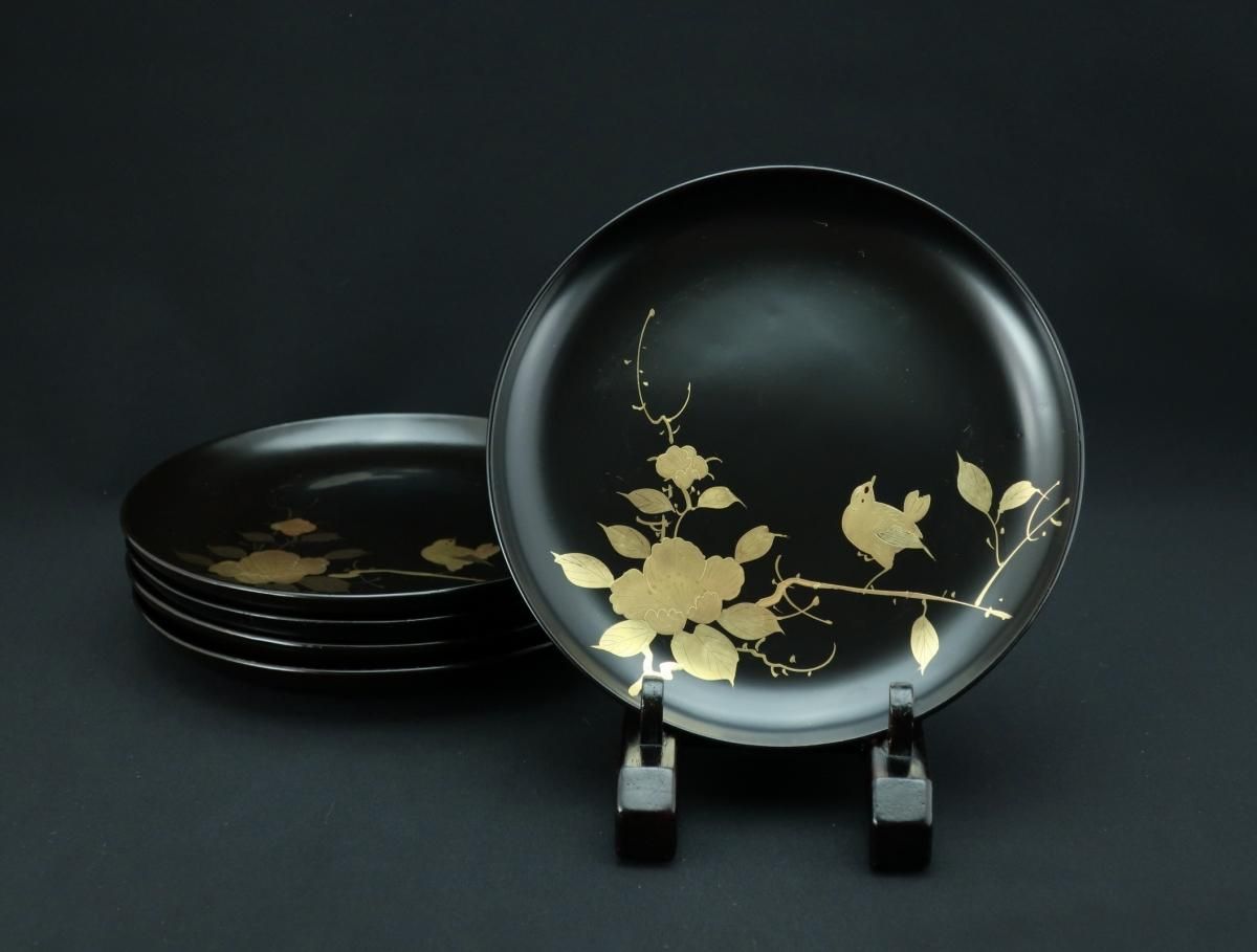 黒塗花鳥蒔絵五寸半皿 五枚組 / Black-lacquered Plates with