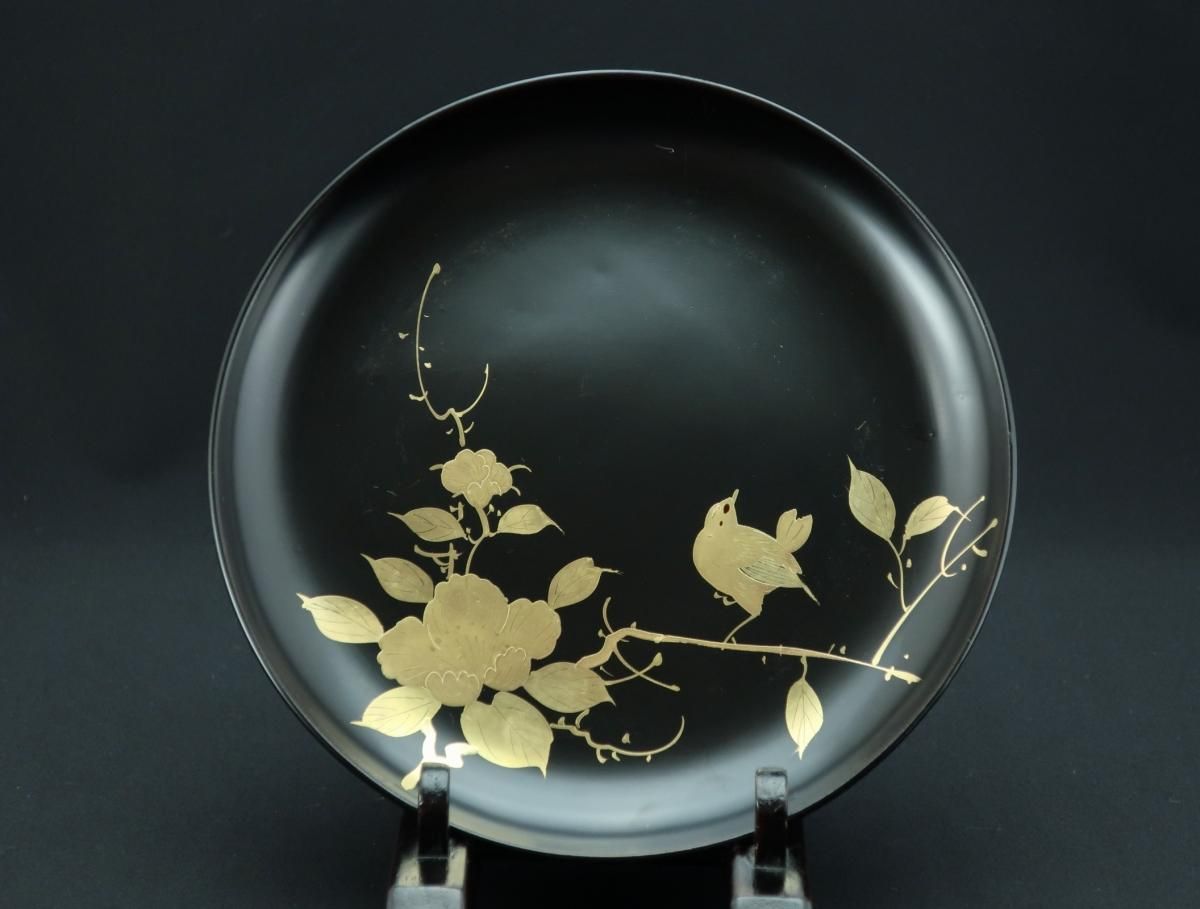 黒塗花鳥蒔絵五寸半皿 五枚組 / Black-lacquered Plates with