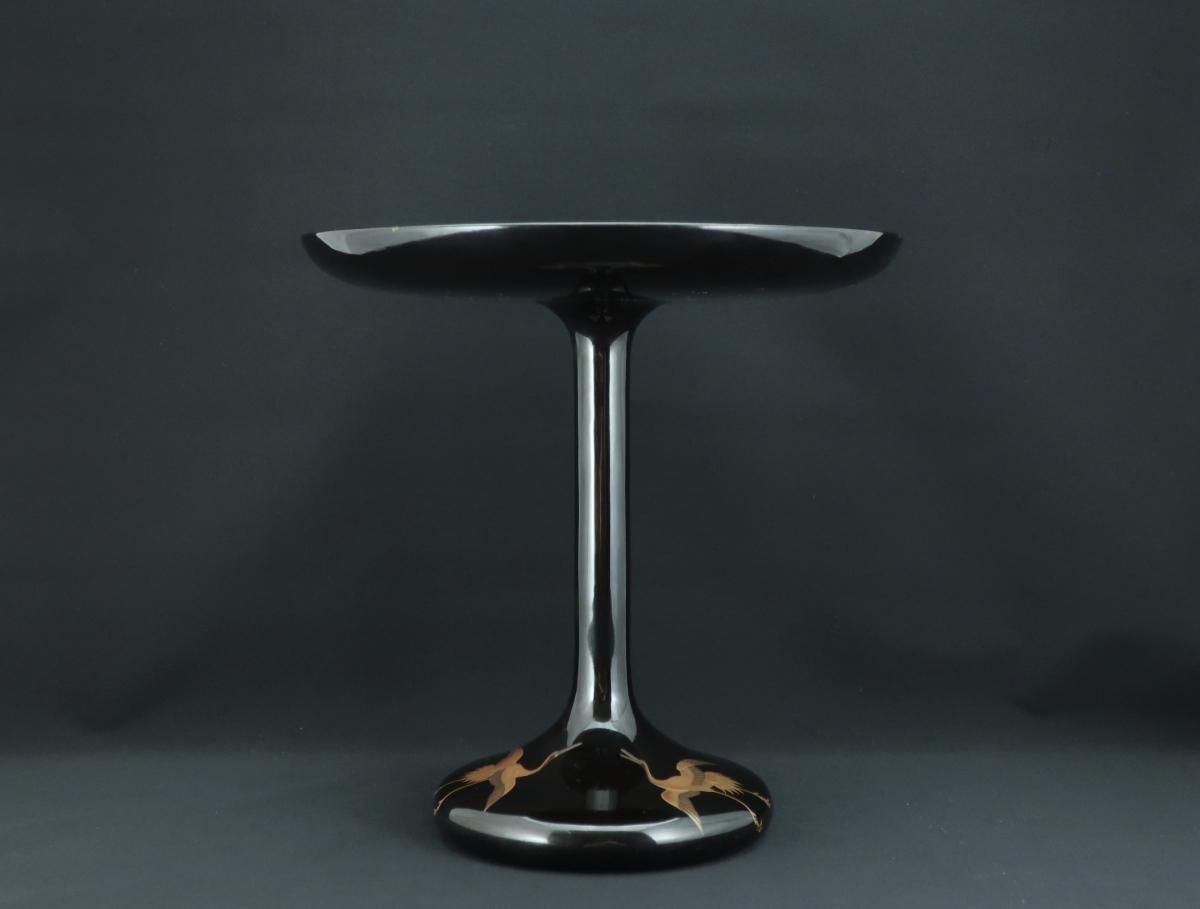 黒塗雲鶴蒔絵高杯 / Black-lacquered Compote with 'Makie