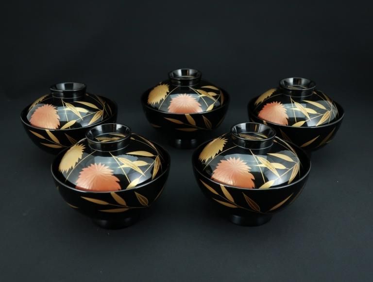 ɺƼʪС޵ / Wajima-lacquered Soup Bowls with Lids  set of 5