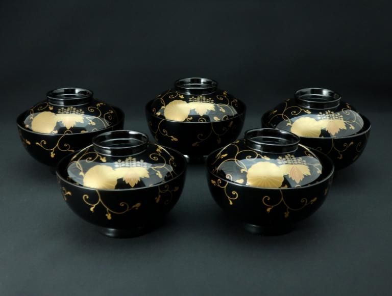 ɵƶ𼬳ʪС޵ / Wajima-lacquered Soup Bowls with Lids  set of 5