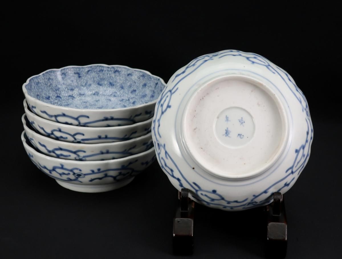 伊万里 芙蓉手 草花文 染付 なます皿 5枚 B31390