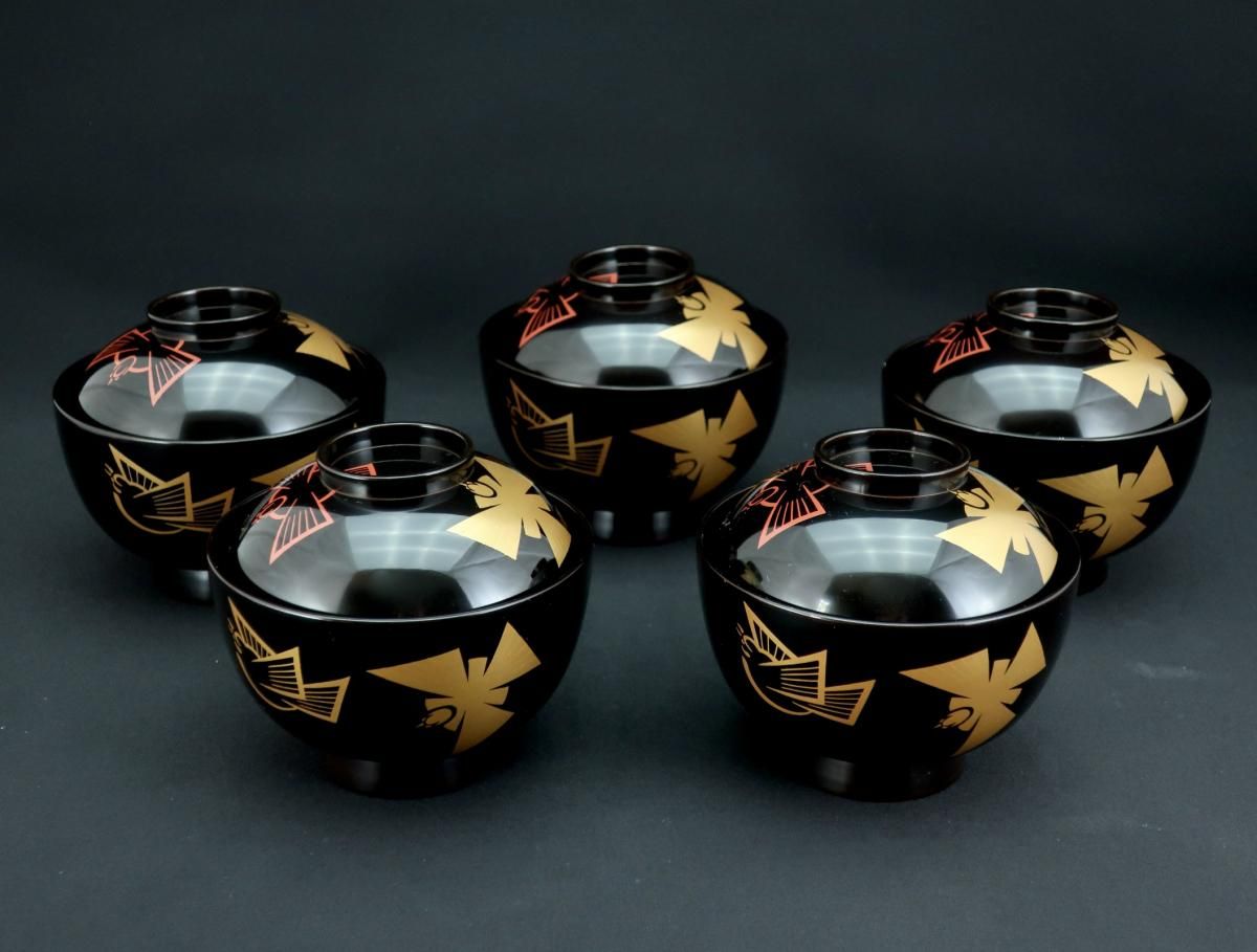 京塗 福良雀蒔絵吸物椀 五客組 / Kyoto Black-lacquered Soup 京塗 福良雀蒔絵吸物椀 五客組 / Kyoto Black-lacquered Soup