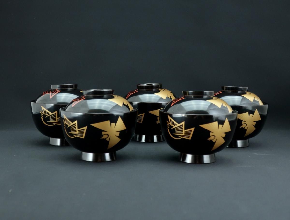 京塗 福良雀蒔絵吸物椀 五客組 / Kyoto Black-lacquered Soup 京塗 福良雀蒔絵吸物椀 五客組 / Kyoto Black-lacquered Soup