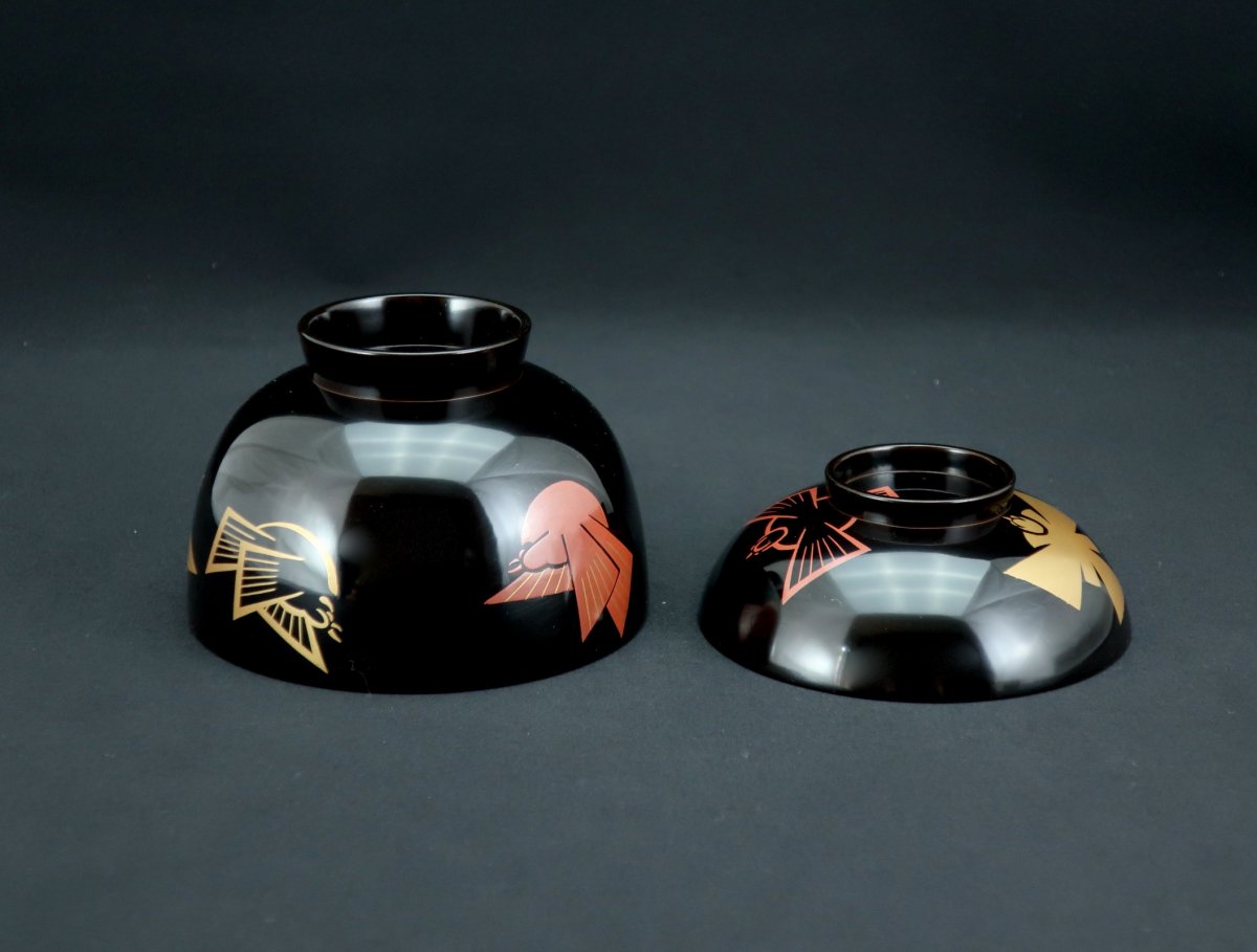 京塗 福良雀蒔絵吸物椀 五客組 / Kyoto Black-lacquered Soup Bowls & Lids with 'Makie'  picture of Sparrows set of 5 - OKURA ORIENTAL ART / 大蔵オリエンタルアート