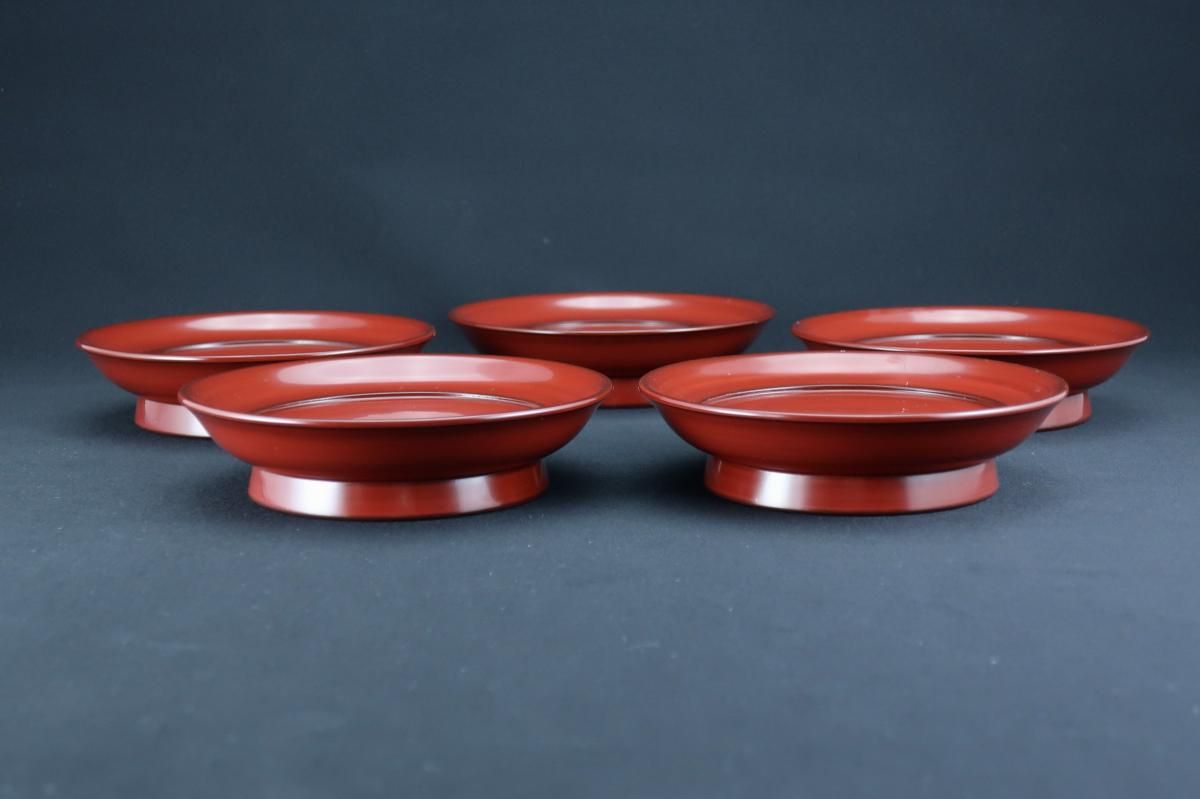 根来塗高台菓子皿 五枚組 / 'Negoro' Red-lacquered Sweet
