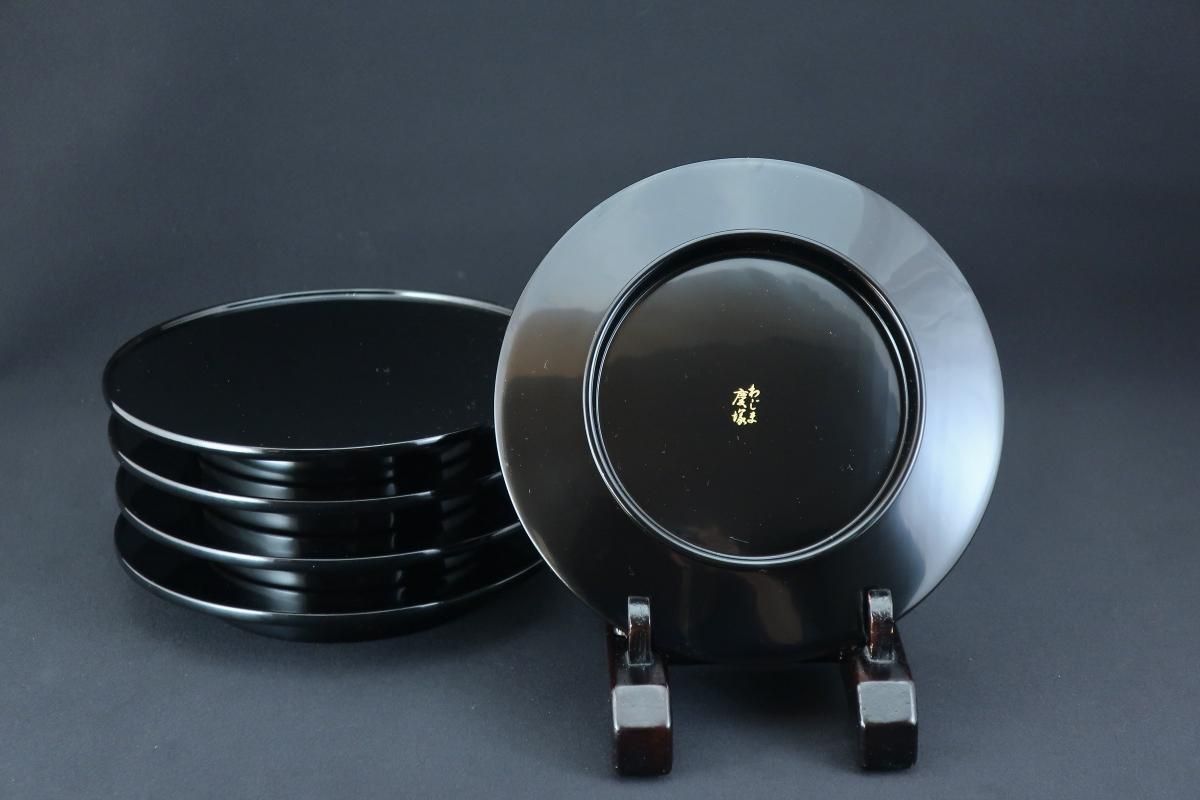 輪島塗高台銘々皿 五枚組 / Wajima Black-lacquered Plates set