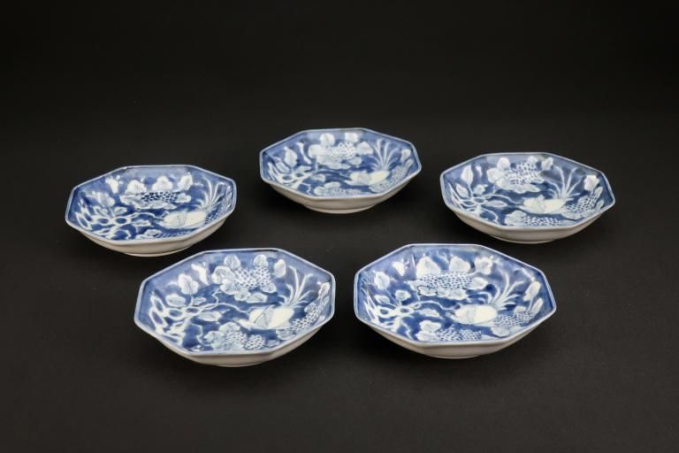 ΤղĻʸȬѾ / ImariSmall Octagonal Plates with the picture of a Bird and Flowers  set of 5