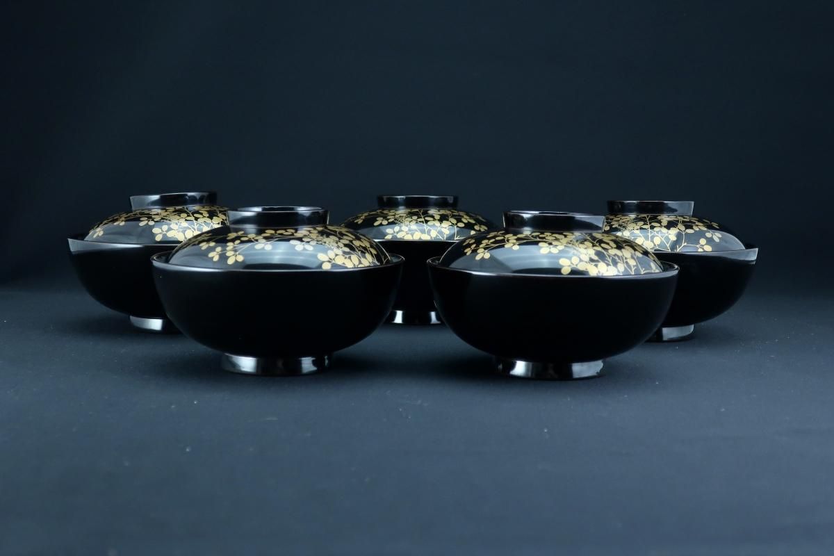 【SALE／10%OFF お値下げしました、柏に団栗 蒔絵 吸物椀 5客組 （お値下げしま 工芸品
