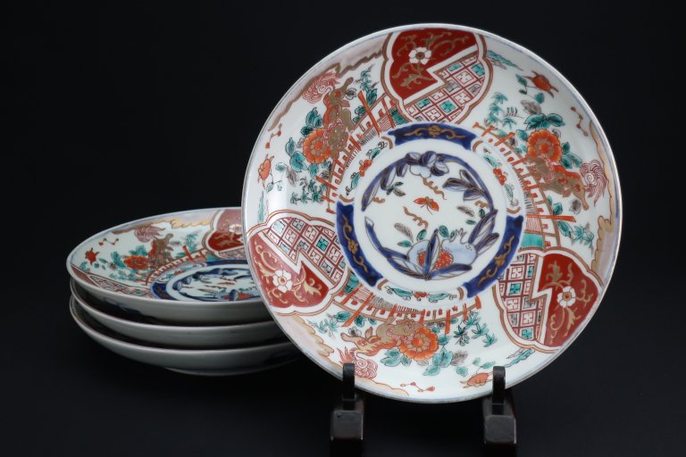 ΤҲðʸ / Imari Polychrome Plates with the picture of Lions and Peony flowers  set of 4