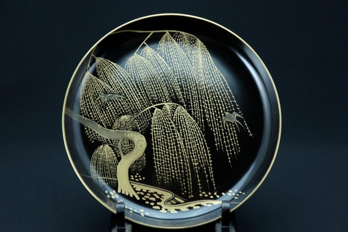黒塗「柳に燕」蒔絵六寸皿 五枚組 / Black-lacquered Plates