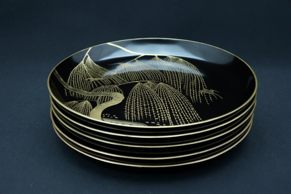 蒔絵 ぎんなん文様 黒漆 皿 黒塗「柳に燕」蒔絵六寸皿 五枚組 / Black-lacquered Plates