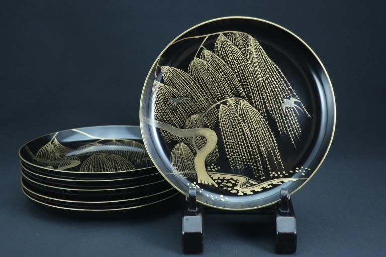 ɡ˱׼ϻ / Black-lacquered Plates with 'Makie' of Willow and Swallows  set of 5