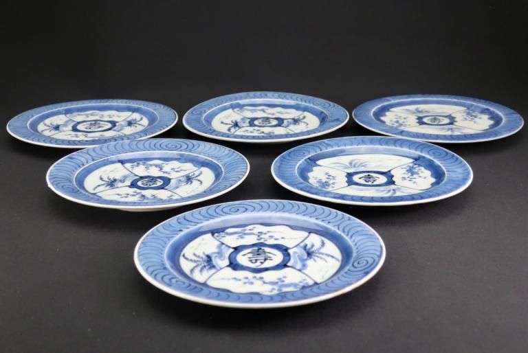 Τ̼ʸϻʿϻ / Imari Blue & White Plates with the picture of Fans  set of 6