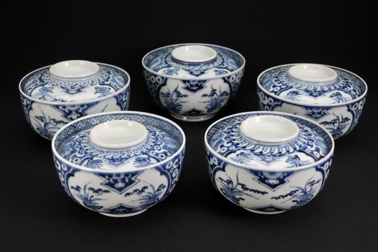 Τʸ糸ҡ޵ / Imari Blue & White Bowls and Lids with the picture of Rabbits  set of 5