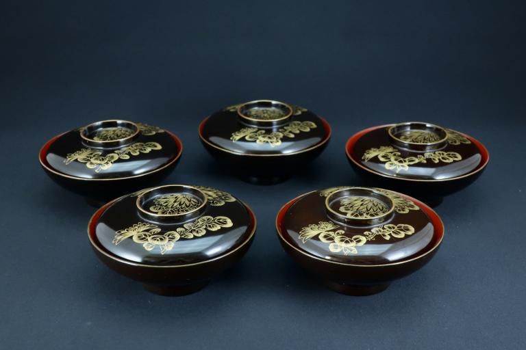 ɵ⼬ʪС޵ / Wajima-lacquered Soup Bowls and Lids with Chrysanthemum flower 'Makie'  set of 5