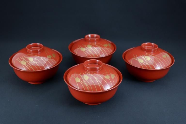 ɰ̼ʪС͵ / Red-lacquered Soup Bowls and Lids with 'Makie' of Ornamental Ball  set of 4
