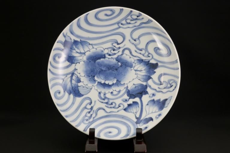 古伊万里 大皿 江戸時代後期-明治時代 染付牡丹文輪花形 45.5cm