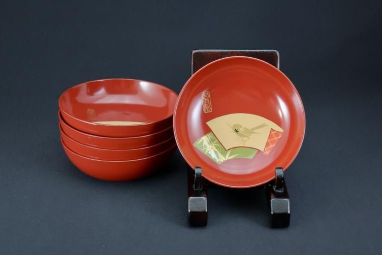 ݿۻһ / Red-lacquered Sweet Plates with 'Makie' picture of Sparrows and Bamboo  set of 5